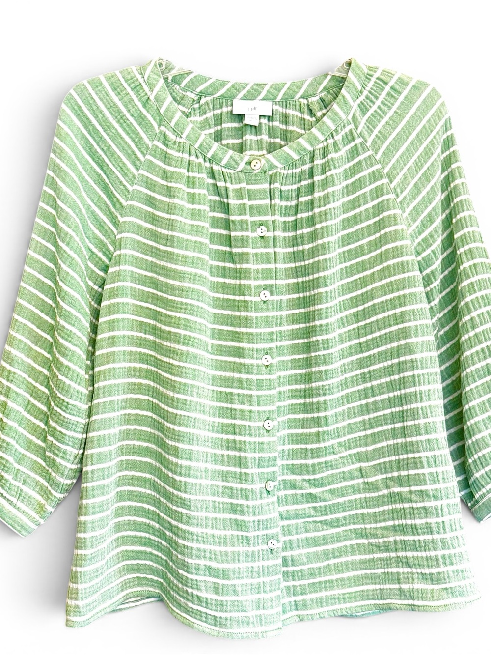 J Jill Cotton Gauze Striped Top Lt Green & White Breezy Cool Summer Sz S Petite